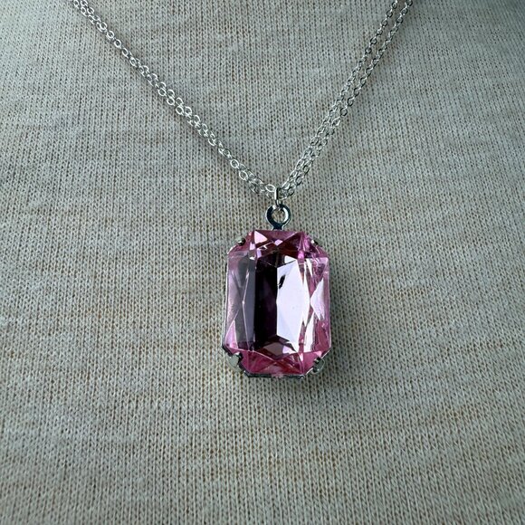 Pink Acrylic Pendant Silver Tone Chain Necklace 17 - 20.5" - Picture 2 of 5